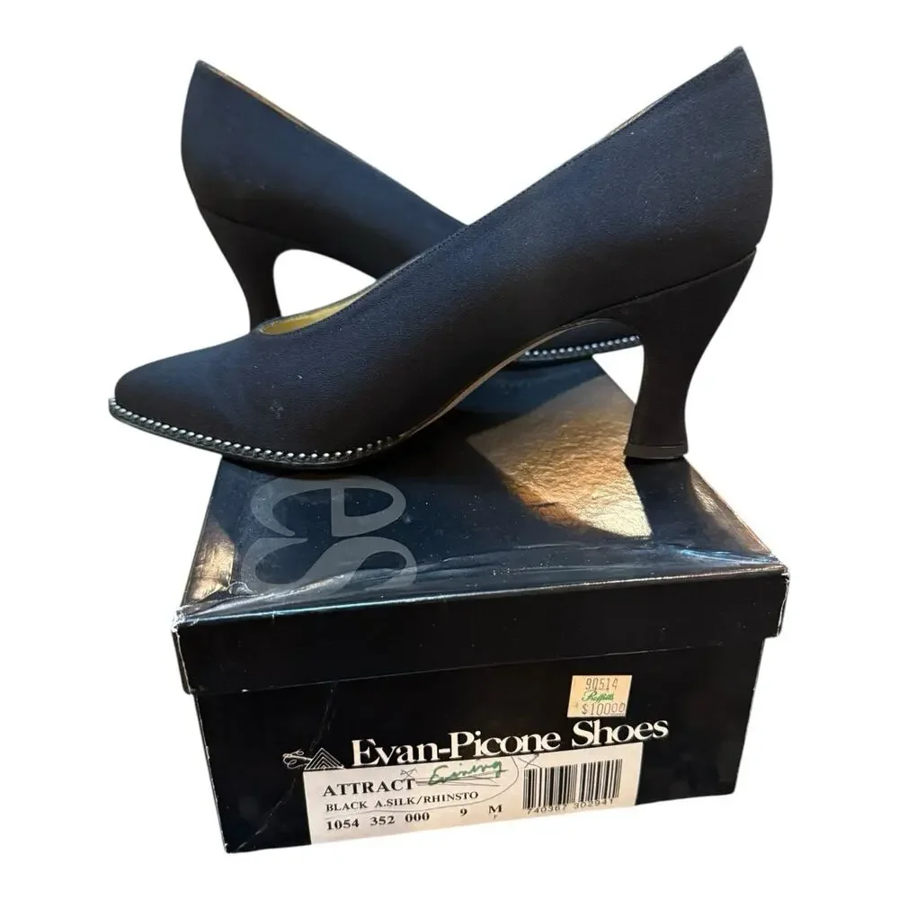 Evan Picone‎ Black Silk Pumps Classic with Rhinestone Detail Sz 9B EUC